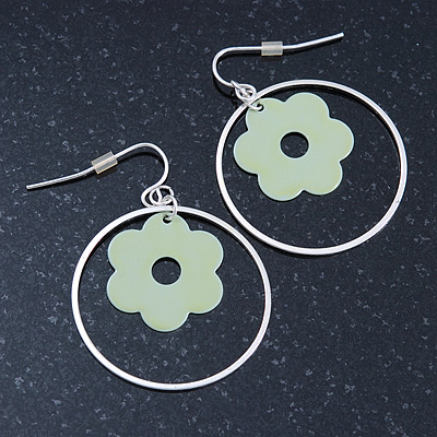 Silver Tone Hoop With Pastel Green Flower Drop Earrings - 45mm Length - main view