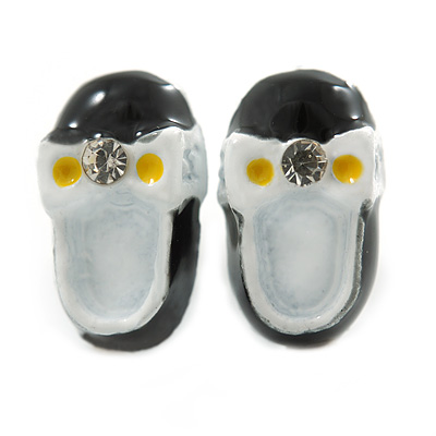 Children's/ Teen's / Kid's Small Black, White Enamel 'Shoe' Stud Earrings In Silver Tone - 13mm Length - main view