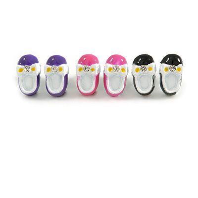 Set Of 3 Children's/ Teen's / Kid's Small Enamel 'Shoe' Stud Earrings In Pink/ Purple/ Black - 13mm Length Tone - 13mm L - main view