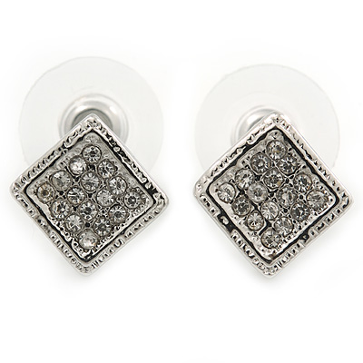 Small Square Crystal Stud Earrings In Rhodium Plating - 10mm Width - main view