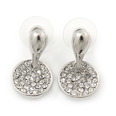 Rhodium Plated Clear Austrian Crystal 'Coin' Stud Earrings - 25mm Length