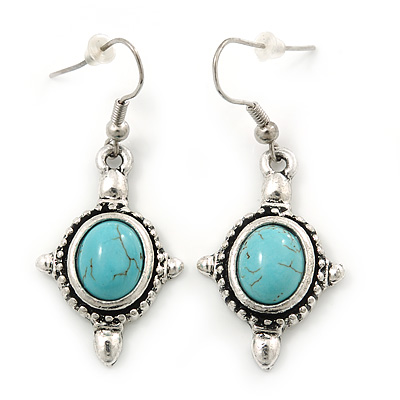 Vintage Inspired Turquoise Stone Oval Drop Earrings In Antique Silver Tone - 45mm Length - main view