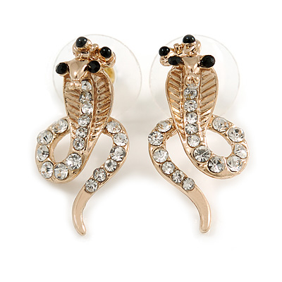 Gold Plated Coiled, Crystal 'Cobra with Bow' Stud Earrings - 23mm Length - main view