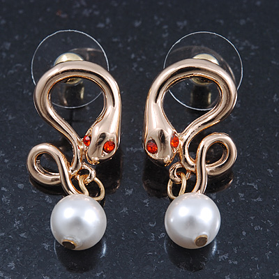 Sleek Simulated Pearl 'Snake With Red Eyes' Stud Earrings In Gold Plating - 30mm Length - main view