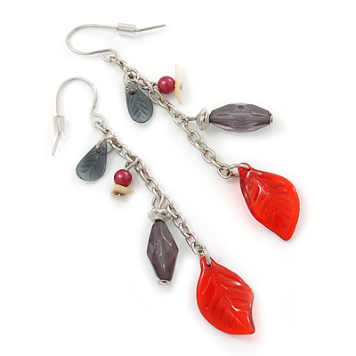 Silver Tone Grey Bead, Red Acrylic Leaf Chain Drop Earrings - 65mm Length - main view