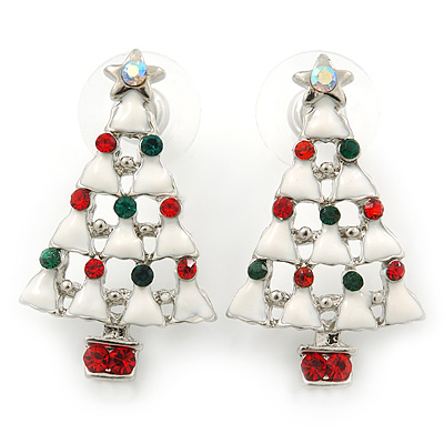 Red, Green Crystal, White Enamel Christmas Tree Stud Earrings In Rhodium Plating - 30mm Length - main view
