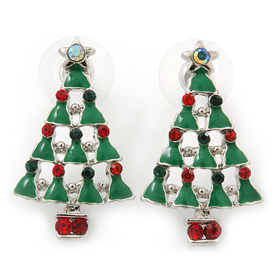Red, Deep Green Crystal, Green Enamel Christmas Tree Stud Earrings In Rhodium Plating - 30mm Length - main view