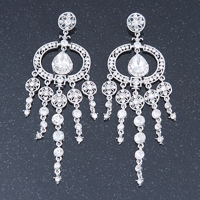 Oversized Bridal, Prom, Wedding Clear Austrian Crystal Chandelier Earrings In Rhodium Plating - 12cm Length - main view