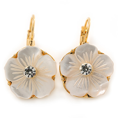 Gold Plated Mother Of Pearl Crystal Flower Drop Earrings With Leverback Closure - 28mm L