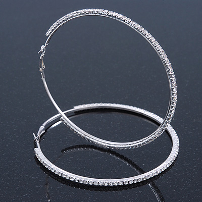 Oversized Clear Crystal Hoop Earrings In Rhodium Plating - 9cm Diameter - main view