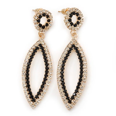 Black & Clear Crystal Open Oval Drop Earrings In Gold Tone - 60mm Length - main view