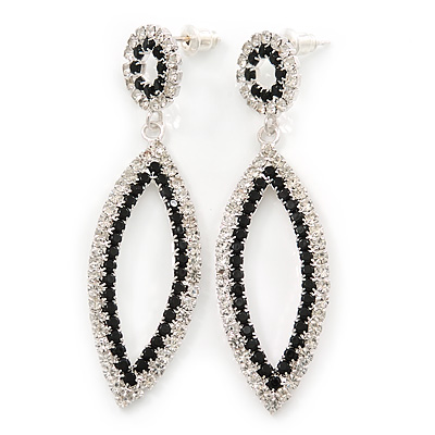 Black & Clear Crystal Open Oval Drop Earrings In Silver Tone - 60mm Length - main view