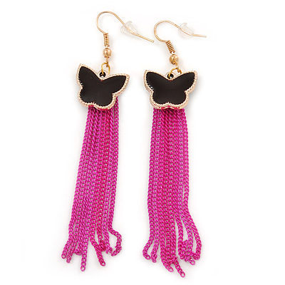 Black Enamel Butterfly & Deep Pink Chain Dangle Earrings In Gold Plating - 85mm Length - main view