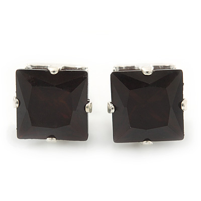 Classic Black Crystal Square Cut Stud Earrings In Silver Plating - 8mm Diameter - main view