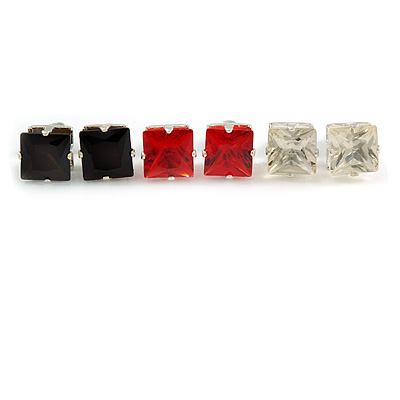 Set Of 3 Classic Crystal Square Cut Stud Earrings In Silver Tone (Red/ Black/ Clear) - 8mm - main view
