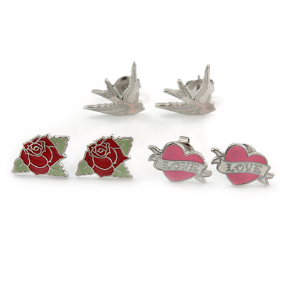 PINK COOKIE IN PURSE Swallow, Rose, Heart Stud Earring Set In Rhodium Plating