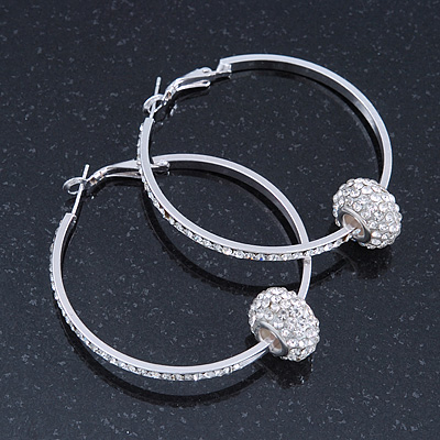 Silver Tone Earrings With A Crystal Ball - 50mm Diameter - main view