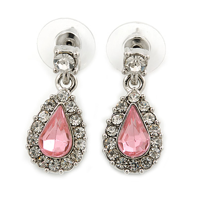 Small Pink, Clear Crystal Teardrop Earrings In Rhodium Plating - 25mm Length - main view