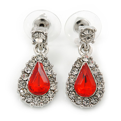 Small Red, Clear Crystal Teardrop Earrings In Rhodium Plating - 25mm Length - main view