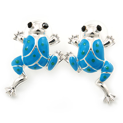 Light Blue Enamel Frog Stud Earrings In Rhodium Plating - 30mm Length - main view