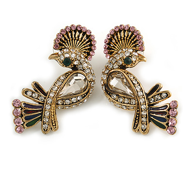 Exotic Multicoloured Crystal Bird Stud Earrings In Antique Gold Plating - 35mm Length - main view