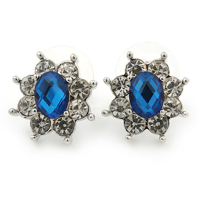 Small Blue, Clear Diamante Stud Earrings In Silver Plating - 15mm In Length - main view