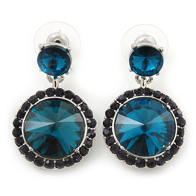 Teal, Dark Blue Crystal Round Drop Earrings In Rhodium Plating - 33mm Length