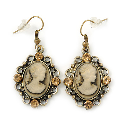 Vintage Inspired Champagne Crystal Cameo Drop Earrings In Antique Gold Metal - 45mm Length