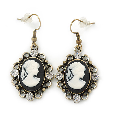 Vintage Inspired Clear Crystal Cameo Drop Earrings In Antique Gold Metal - 45mm Length - main view