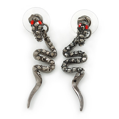 Hematite Crystal Snake Drop Earrings In Black Tone Metal - 45mm L