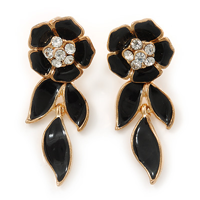 Black Enamel, Clear Crystal Flower Drop Earrings In Gold Plating - 40mm Length - main view
