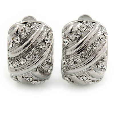 Rhodium Plated Clear Crystal C Shape Clip On Earrings - 18mm Length - main view