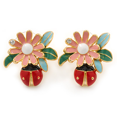 Multicoloured Enamel Flower & Ladybug Stud Earrings In Gold Metal - 23mm Width - main view