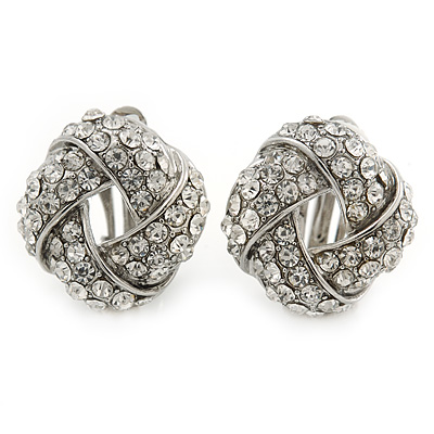 Clear Crystal 'Donut' Clip On Earrings In Rhodium Plating - 20mm Diameter - main view