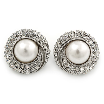 Button Shape Pearl Crystal Clip On Earrings In Rhodium Plating - 23mm Diameter - main view