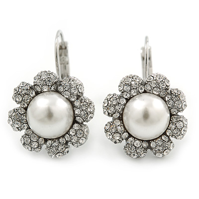 Rhodium Plated Clear Crystal, Glass Pearl 'Daisy' Drop Earrings With Leverback Closure - 30mm Length - main view
