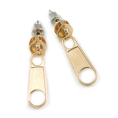 Small Gold Tone Metal Zipper Stud Earrings - 25mm Length - main view