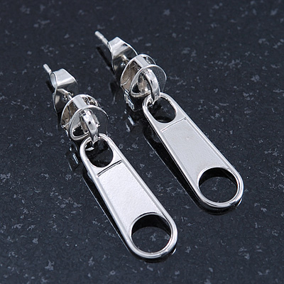 Small Silver Tone Metal Zipper Stud Earrings - 25mm Length