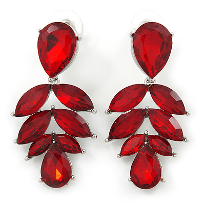 Statement Burgundy Red Glass Crystal Leaf Drop Earrings In Rhodium Plating - 53mm L - main view