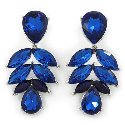 Statement Navy Blue Glass Crystal Leaf Drop Earrings In Rhodium Plating - 53mm L - main view