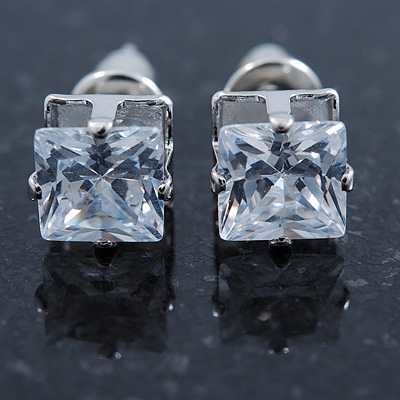 Cz Clear Square Stud Earrings In Silver Tone - 7mm - main view