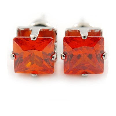 Cz Carrot Red Square Stud Earrings In Silver Tone - 7mm - main view