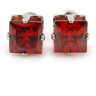 Cz Red Square Stud Earrings In Silver Tone - 7mm - main view