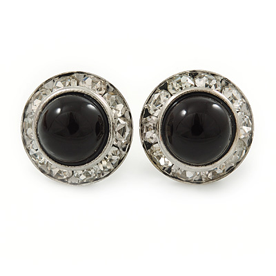 Black Acrylic Bead, Diamante Button Stud Earrings In Silver Tone - 15mm Diameter