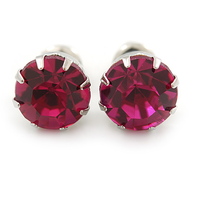 Round Fuchsia Jewelled Stud Earrings In Silver Tone - 8mm - main view