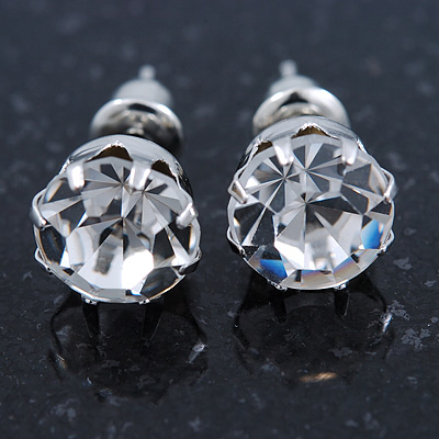 Round Clear Jewelled Stud Earrings In Silver Tone - 8mm - main view