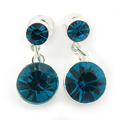 Small Teal Blue Crystal Drop Earrings In Silver Tone - 20mm L - main view