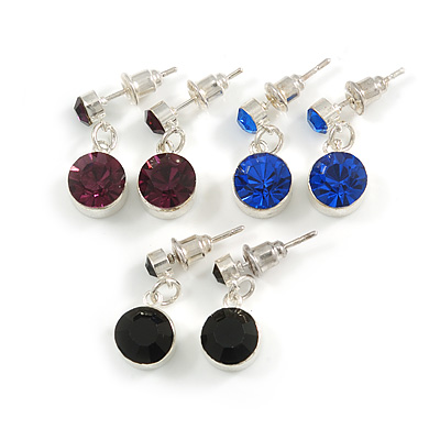 Small Sapphire Blue/ Black/ Deep Purple Crystal Drop Earrings In Silver Tone - 20mm L - main view