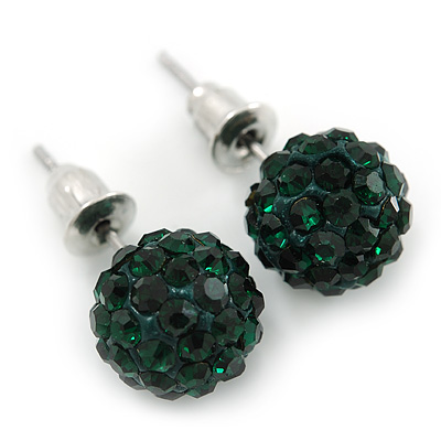 10mm Emerald Green Crystal Ball Stud Earrings In Silver Tone - main view