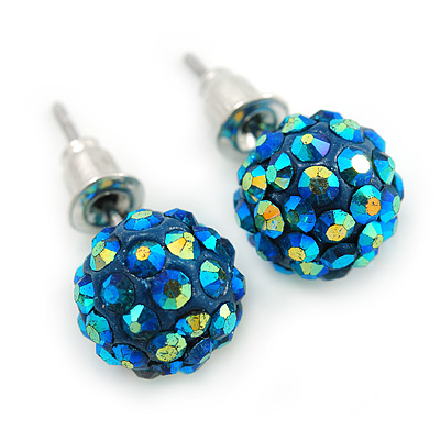 10mm Chameleon Blue Crystal Ball Stud Earrings In Silver Tone - main view